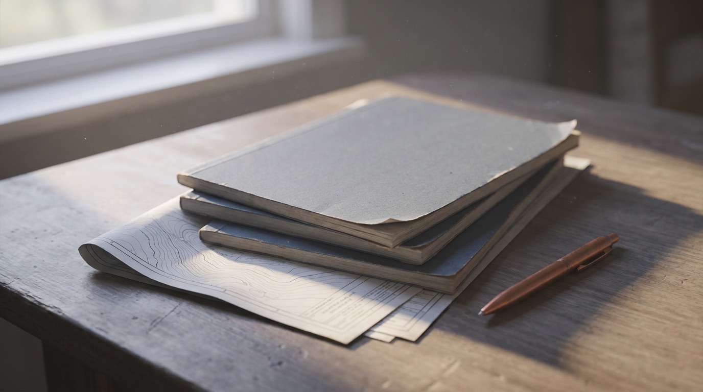 Bound reports and a folded contour drawing on a desk in morning light