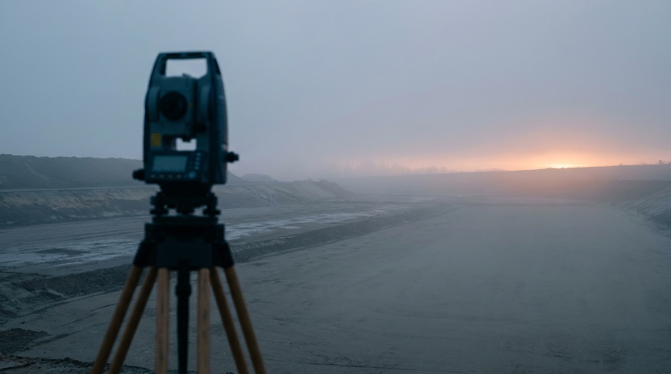 Survey equipment on a tripod at a site at first light