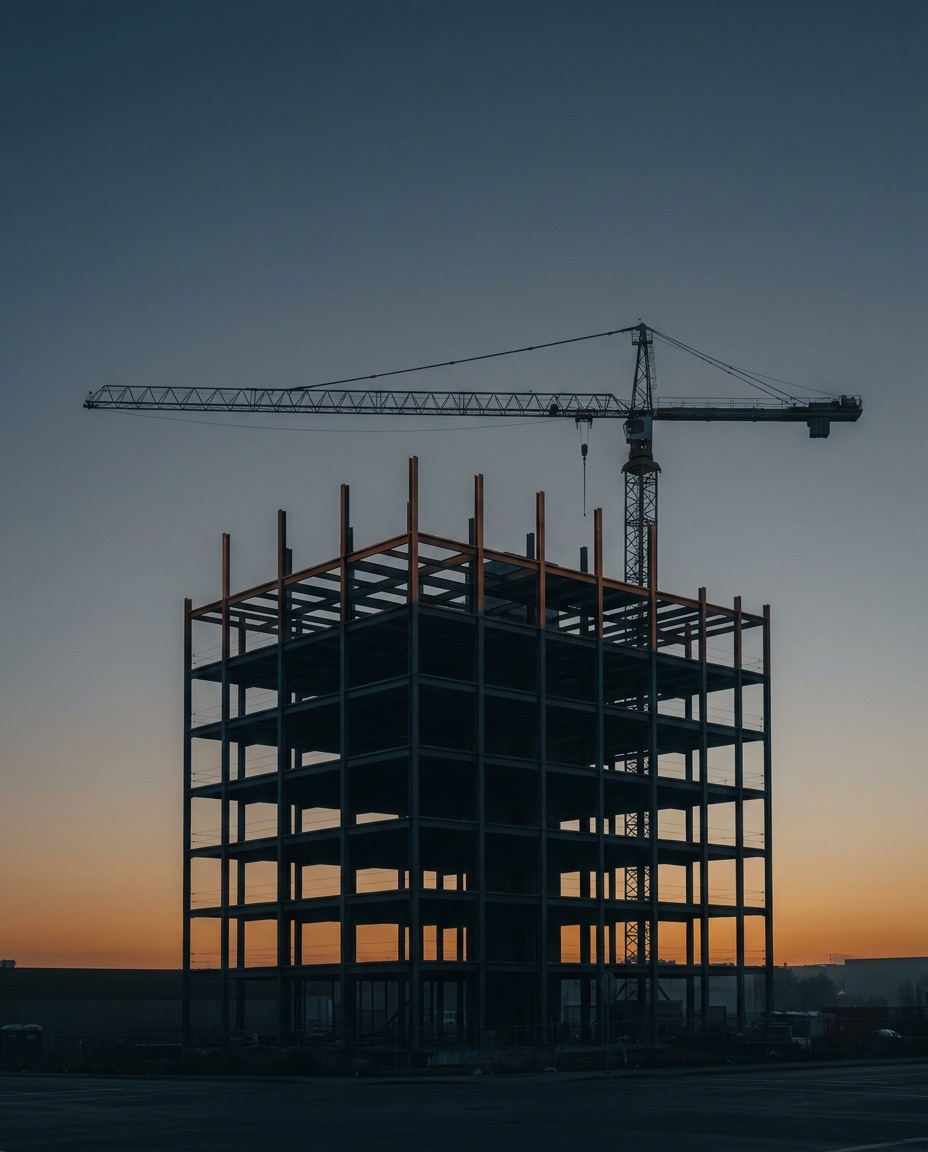 Steel frame of a building under construction against an evening sky